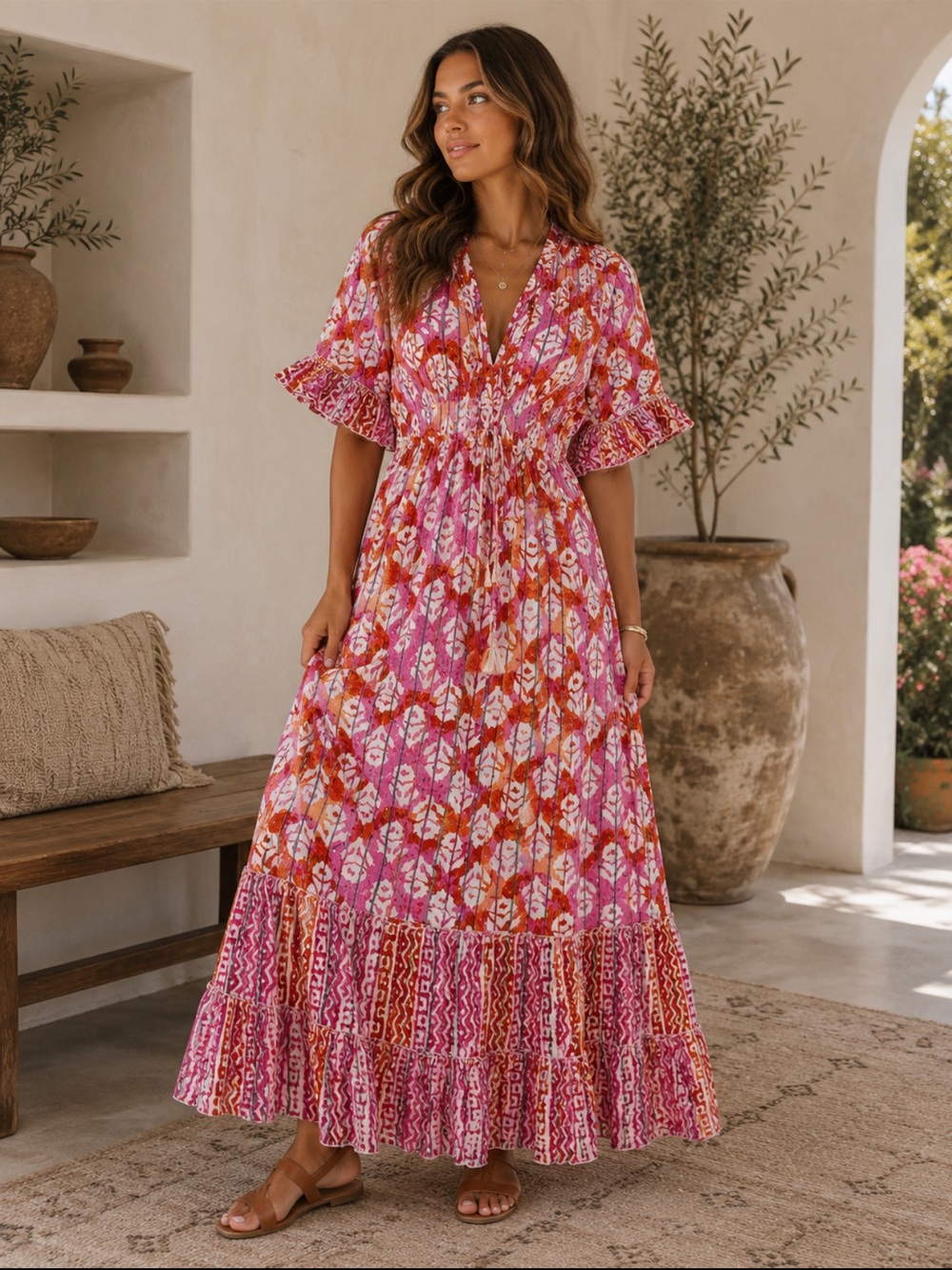 ShopEvelynne Pink & Orange Floral Maxi Dress with V-Neck